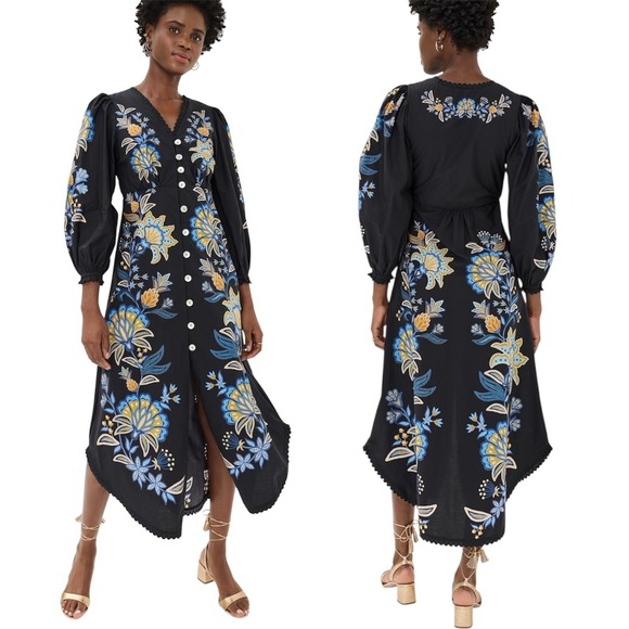 Farm Rio Stitched Garden Black Midi Dress. Boho. Sz M.NWOT. MSRP $290